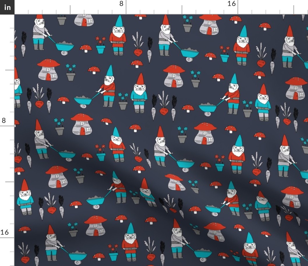 gnome garden // mushroom gnome fairytale fabric cute gnome characters - dark blue