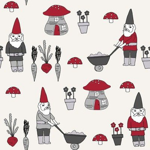 gnome garden // mushroom gnome fairytale fabric cute gnome characters - maroon