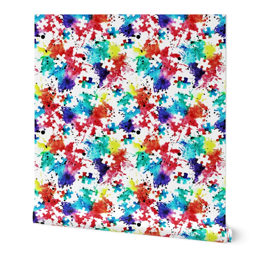 autism awareness - watercolor puzzle pieces with splatter