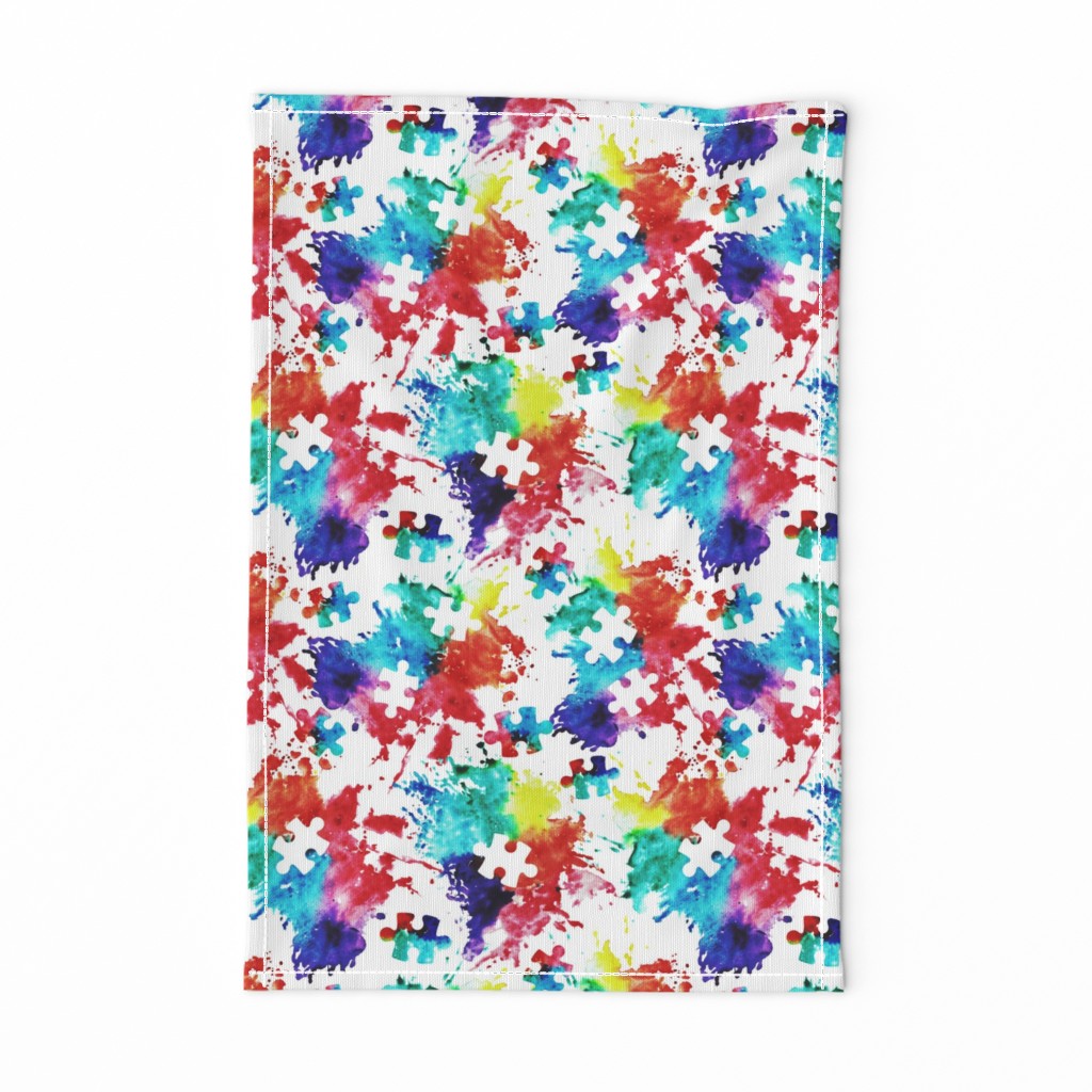 autism awareness watercolor splatter fabric w/ puzzle piece