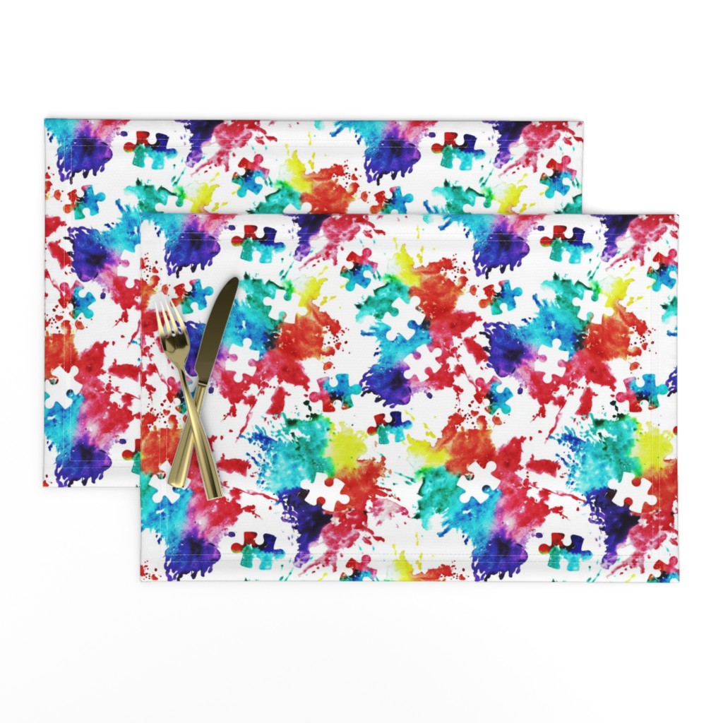 autism awareness watercolor splatter fabric w/ puzzle piece