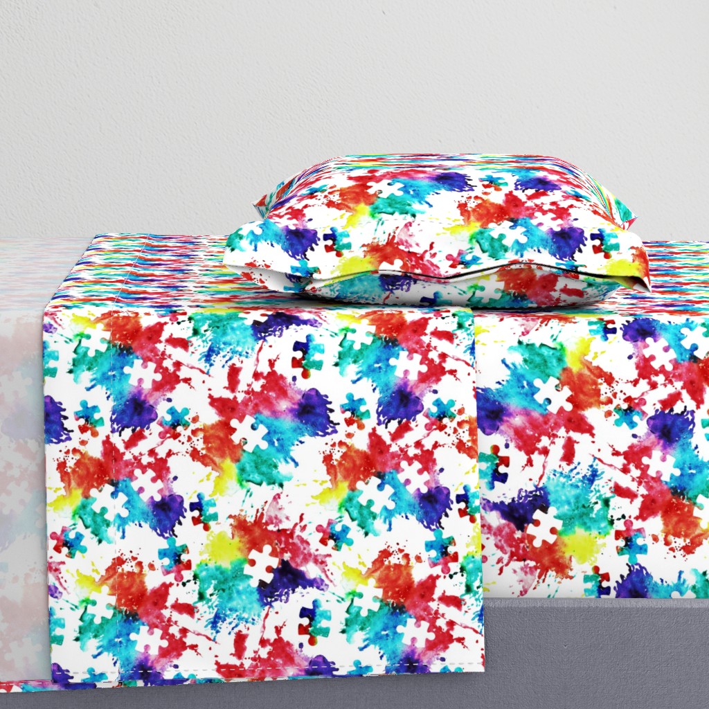 autism awareness watercolor splatter fabric w/ puzzle piece