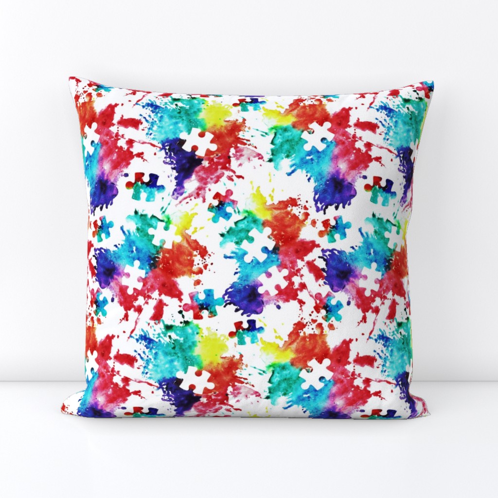 autism awareness watercolor splatter fabric w/ puzzle piece