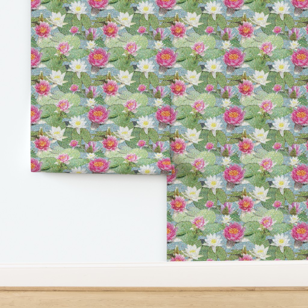 verde, agua, azul, botánico, floral, lirios, lirio, primavera, rosado,  puntillismo, estanque Papel tapiz | Spoonflower