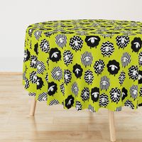 BLACK AND WHITE SHEEP ON LIME YELLOW GREEN