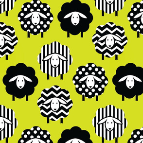 BLACK AND WHITE SHEEP ON LIME YELLOW GREEN