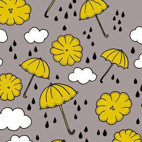Rainy day head in the clouds umbrella love  illustration yellow pattern design