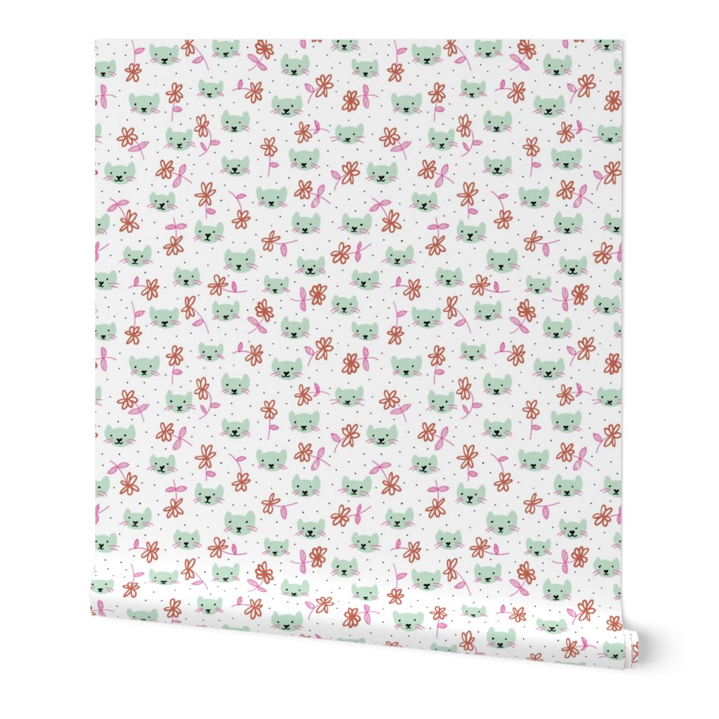 Sweet flowers and cats cool kitten illustration print in mint and pink