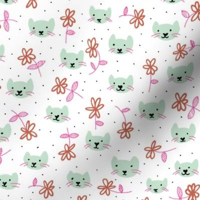 Sweet flowers and cats cool kitten illustration print in mint and pink