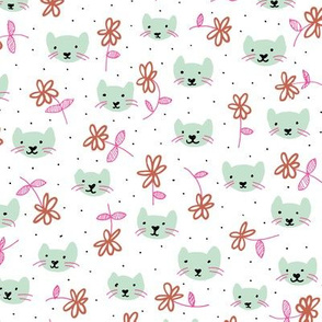 Sweet flowers and cats cool kitten illustration print in mint and pink