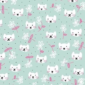 Sweet flowers and cats cool kitten illustration print in mint and pink