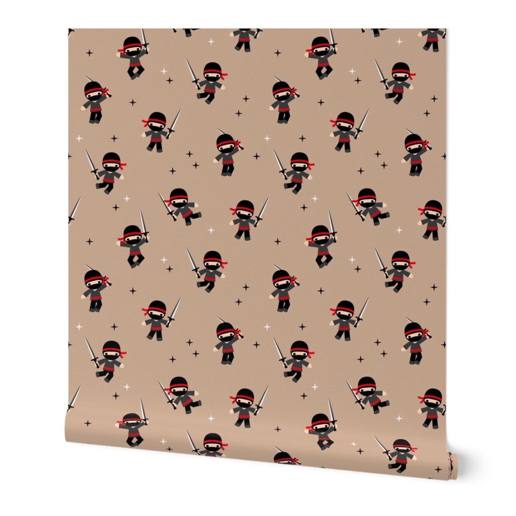 Little Ninja warrior boys fighting with swords red beige