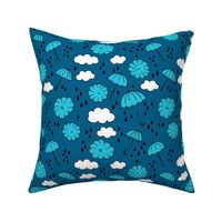 Rainy day head in the clouds umbrella love  illustration blue pattern design