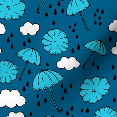Rainy day head in the clouds umbrella love  illustration blue pattern design