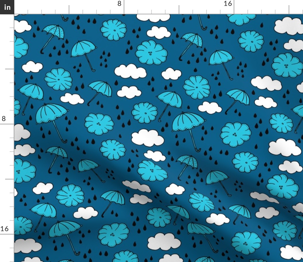 Rainy day head in the clouds umbrella love  illustration blue pattern design