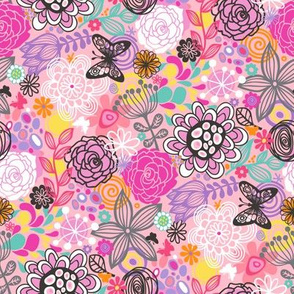 Floral Doodle with butterfly in Pink