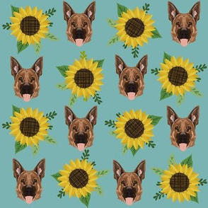 german shepherd dog fabric cute sunflowers and dogs german shepherd design - blue