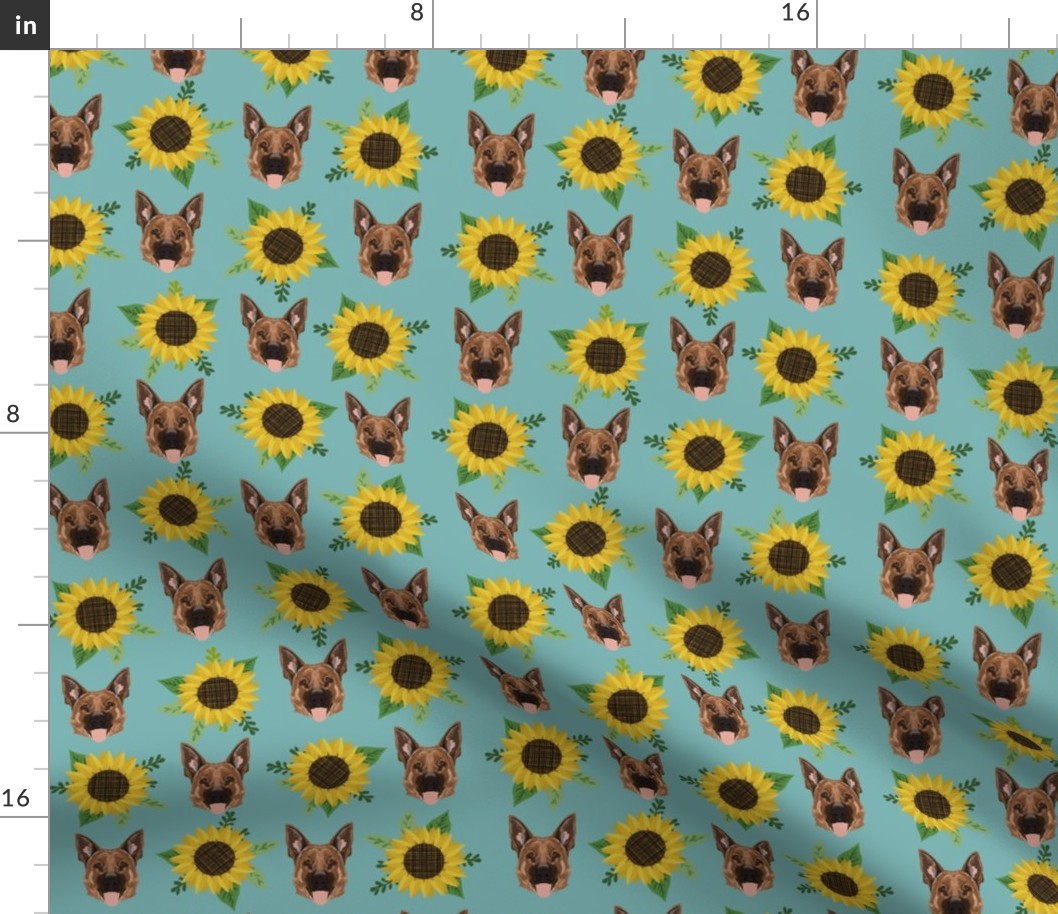 german shepherd dog fabric cute sunflowers and dogs german shepherd design - blue