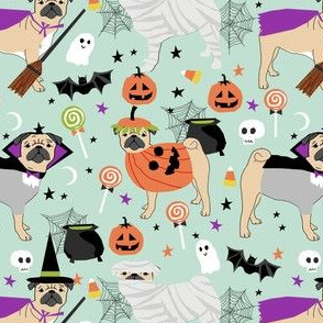 pug halloween costume fabric - cute dogs in costumes fabric - mint