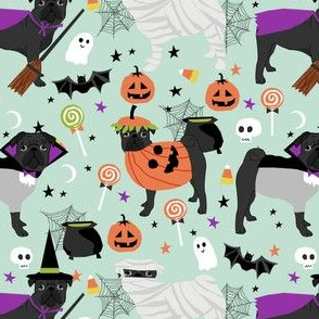 black pug halloween costume fabric - cute dogs in costumes fabric - mint