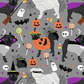 black pug halloween costume fabric - cute dogs in costumes fabric - light grey