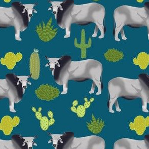 brahman cattle fabric cow and cactus design - blue