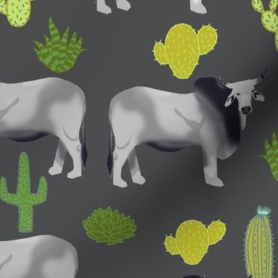 brahman cattle fabric cow and cactus design - grey