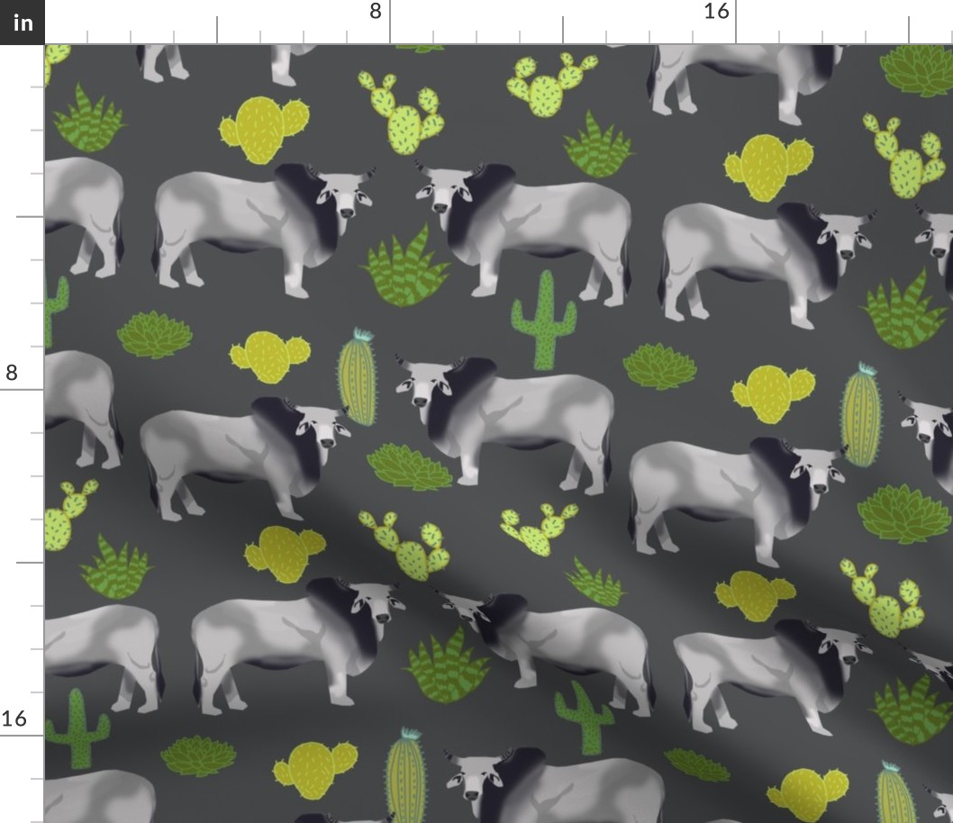 brahman cattle fabric cow and cactus design - grey