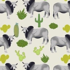 brahman cattle fabric cow and cactus design - off-white