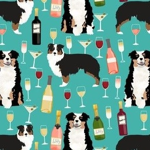 australian shepherd dog fabric dogs and wine design - tricolored aussie dog - turquoise