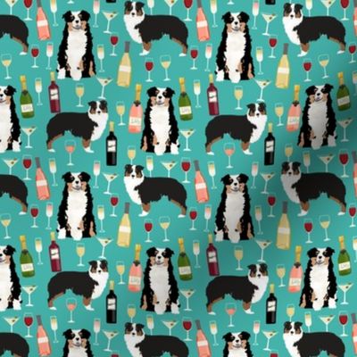 australian shepherd dog fabric dogs and wine design - tricolored aussie dog - turquoise - smaller version