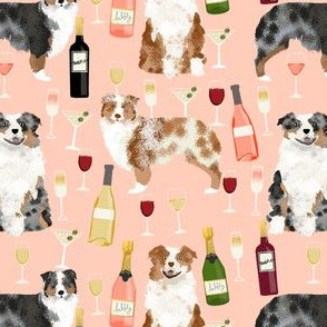 australian shepherd dog fabric dogs and wine design - red merle and blue merle dogs - peach
