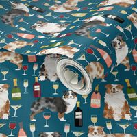 australian shepherd dog fabric dogs and wine design - red merle and blue merle dogs - blue