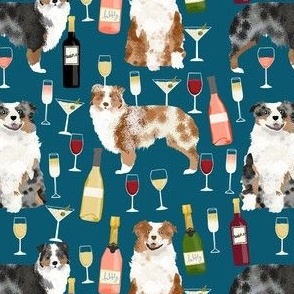australian shepherd dog fabric dogs and wine design - red merle and blue merle dogs - blue