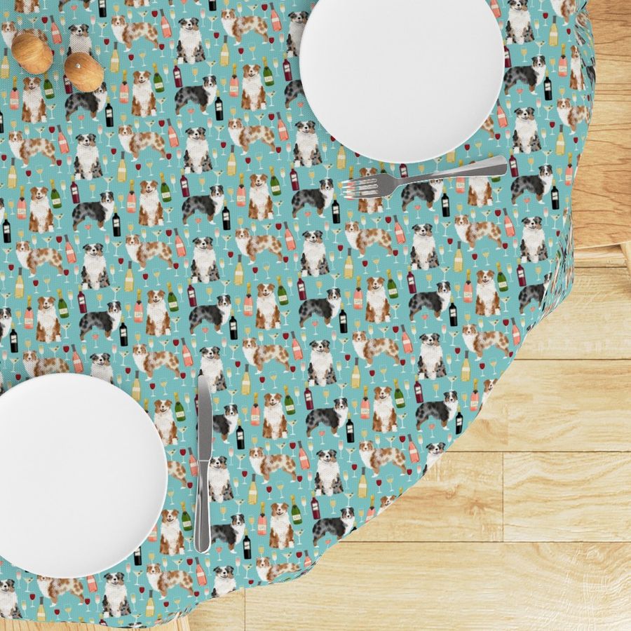 australian shepherd dog fabric dogs and wine design - red merle and blue merle dogs - light blue