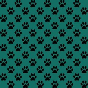 Half Inch Black Paw Prints on Cyan Turquoise Blue