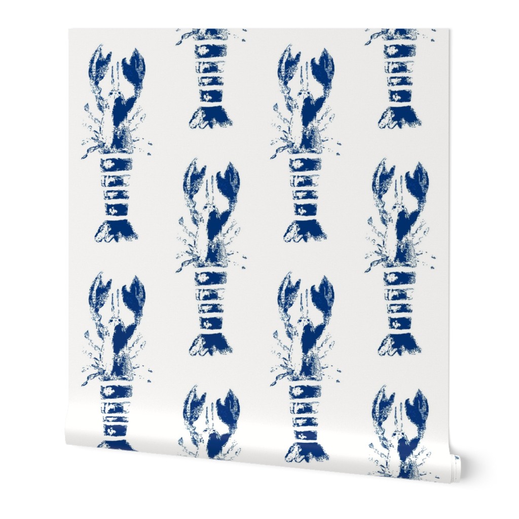 Lobster White & Navy Wood Block Print