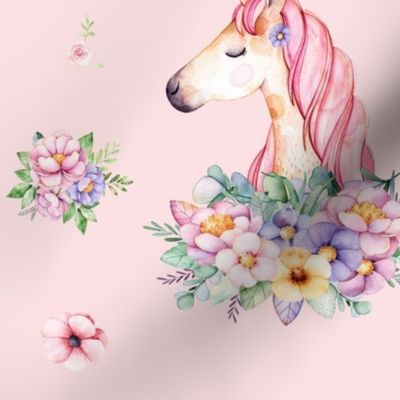 Unicorns and Watercolor Flowers on Pink