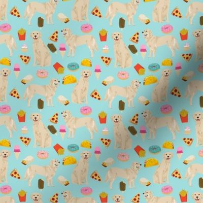 golden retrievers fabric dogs and junk foods design - blue tint