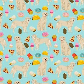 golden retrievers fabric dogs and junk foods design - blue tint