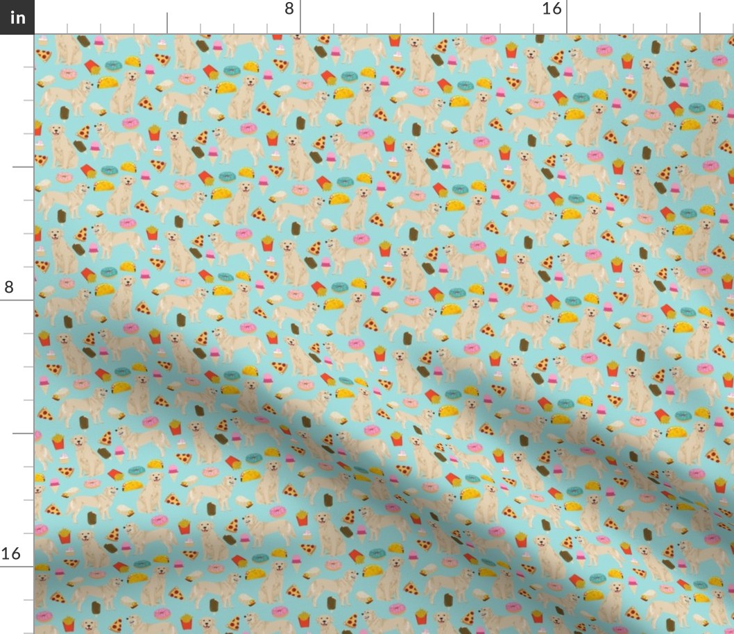 golden retrievers fabric dogs and junk foods design - blue tint