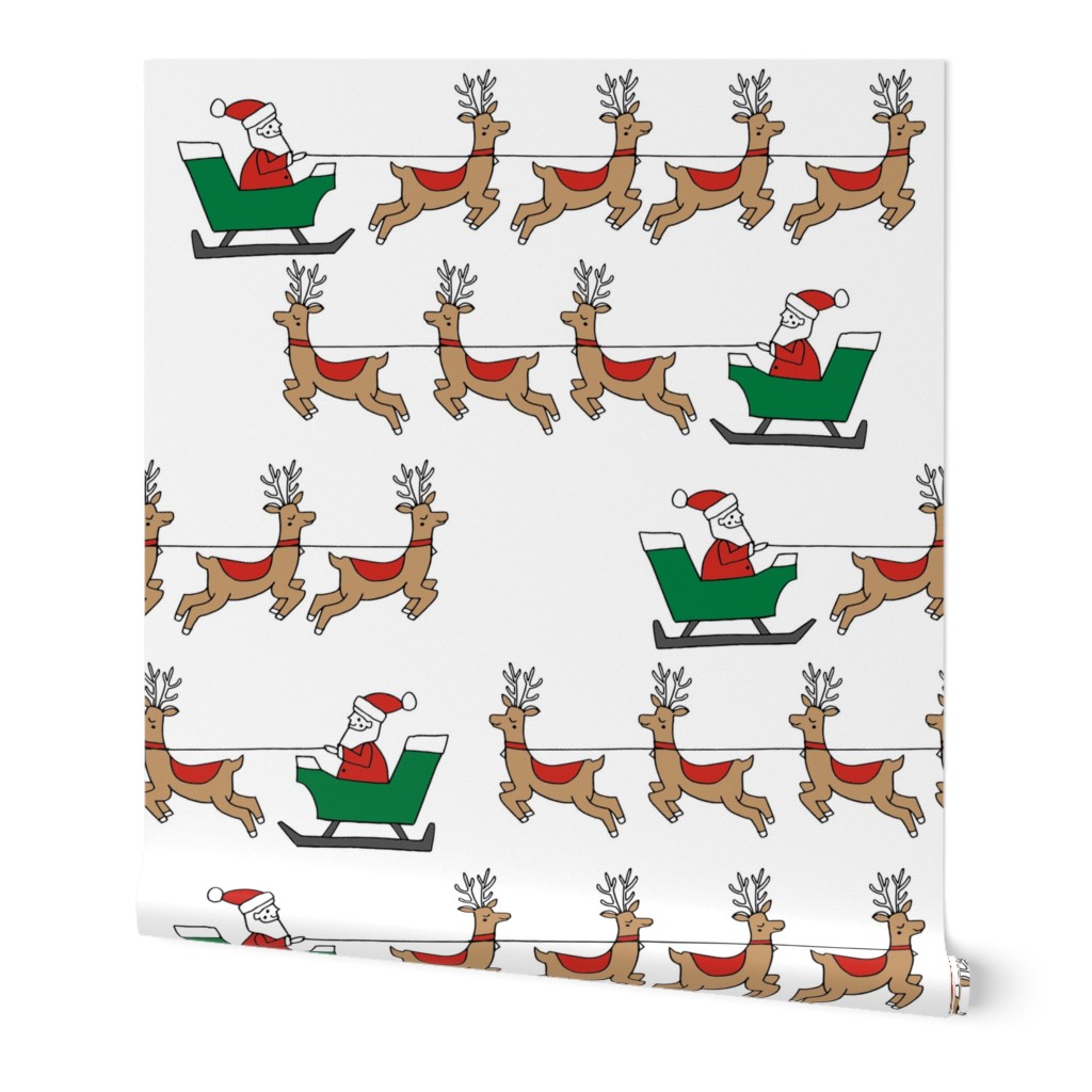 santa's sleigh fabric // reindeer and santa north pole christmas design -red and green