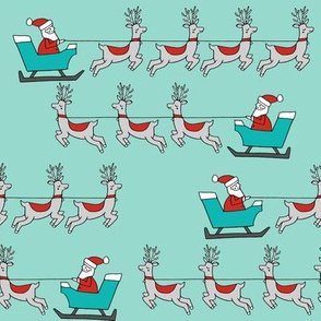 santa's sleigh fabric // reindeer and santa north pole christmas design - mint