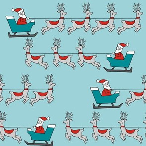 santa's sleigh fabric // reindeer and santa north pole christmas design - blue