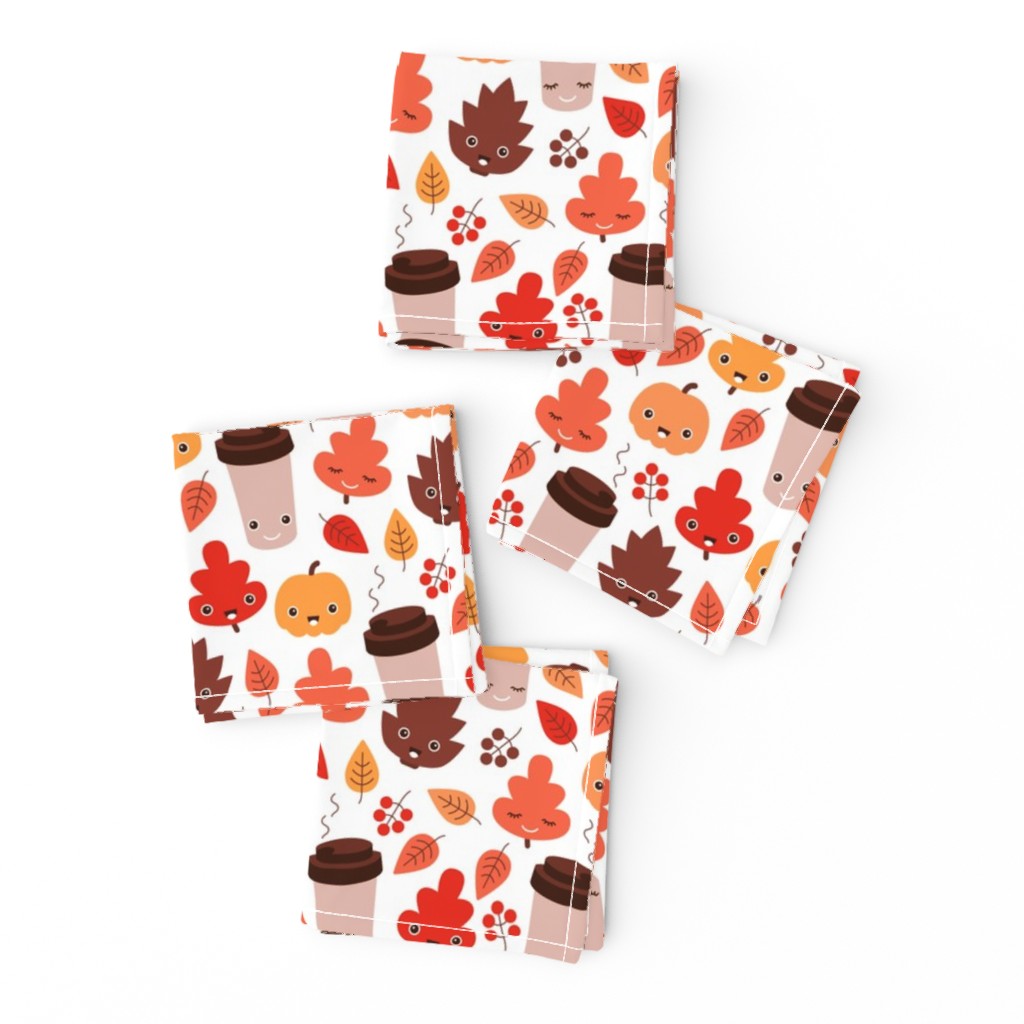 Kawaii autumn leaves and pumpkin spice latte love illustration pattern