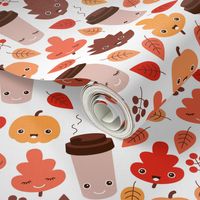 Kawaii autumn leaves and pumpkin spice latte love illustration pattern