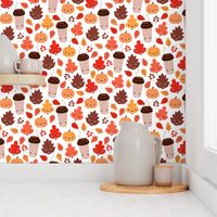 Kawaii autumn leaves and pumpkin spice latte love illustration pattern