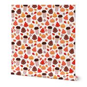 Kawaii autumn leaves and pumpkin spice latte love illustration pattern