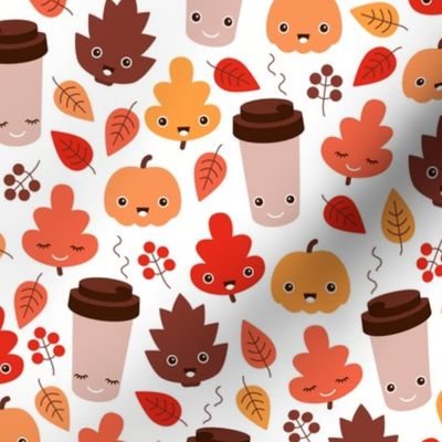 Kawaii autumn leaves and pumpkin spice latte love illustration pattern