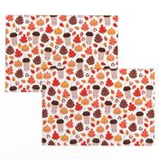 Kawaii autumn leaves and pumpkin spice latte love illustration pattern